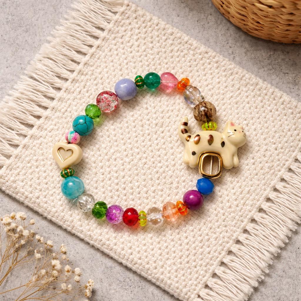 Pulsera gemas y resinas con gatito en cerámica