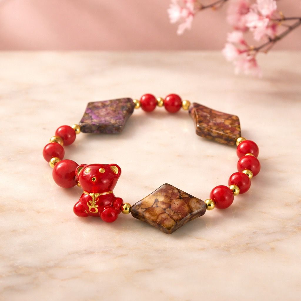 Pulsera con osito y coral fuerza y pasión