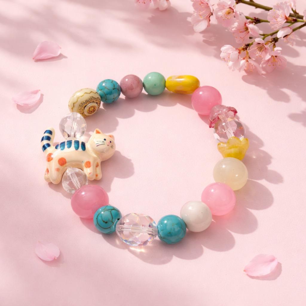 Pulsera de gemas y corazones y gatito de cerámica