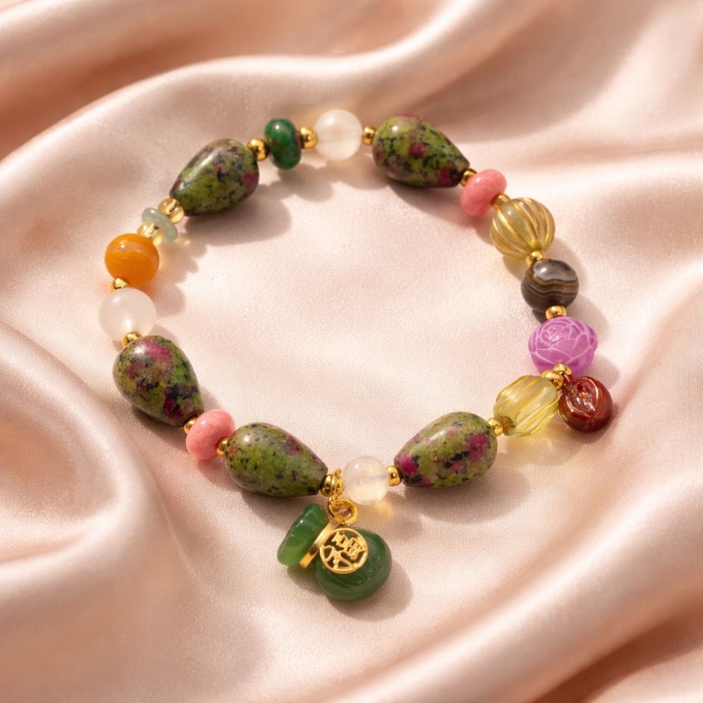 Pulsera de zoisita, gemas y resinas