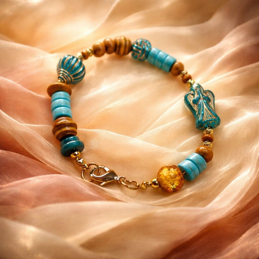 Pulsera madera, turquesa y resina, ángel protector